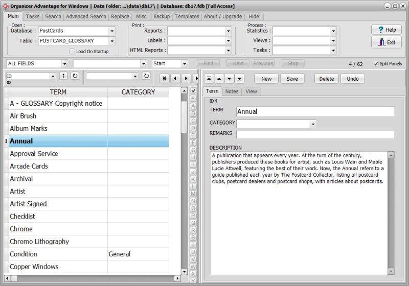 Postcard Collecting Software for Windows PCs glossary